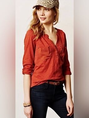 Anthropologie Postmark Selby Henley Boho Orange Cotton Blouse Top Pockets Lace S